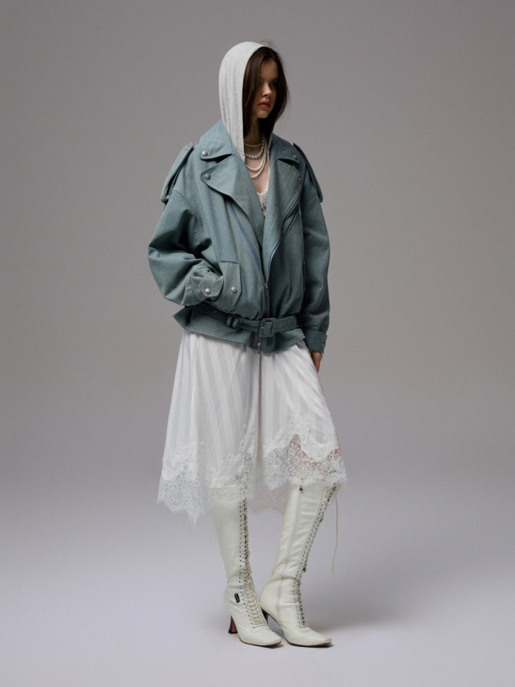 Vintage Washed Canvas Denim Dropped Shoulder Loose Fit Slimming Biker Jacket【s0000014256】