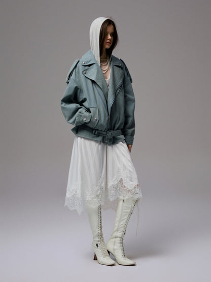 Vintage Washed Canvas Denim Dropped Shoulder Loose Fit Slimming Biker Jacket【s0000014256】