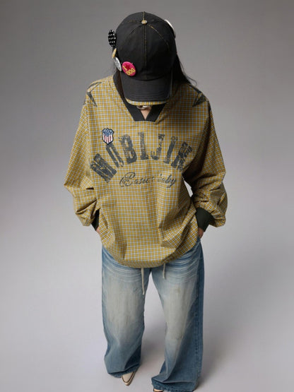 American Monogram Print V-Neck Check Loose Casual Sports Long Sleeve Jersey【s0000014257】