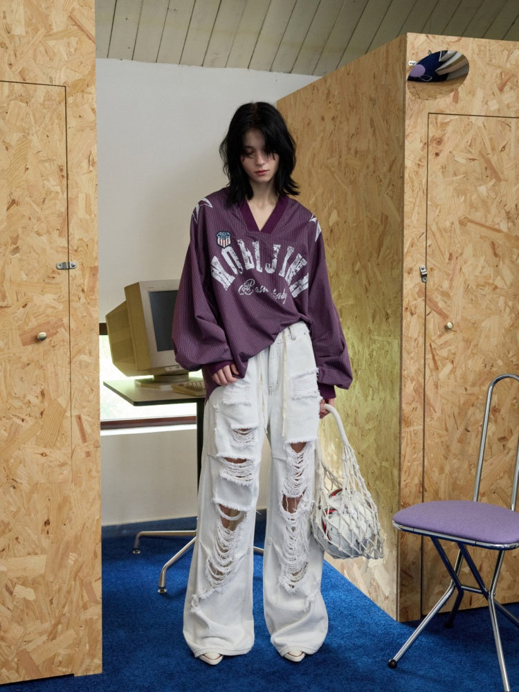 American Monogram Print V-Neck Check Loose Casual Sports Long Sleeve Jersey【s0000014257】