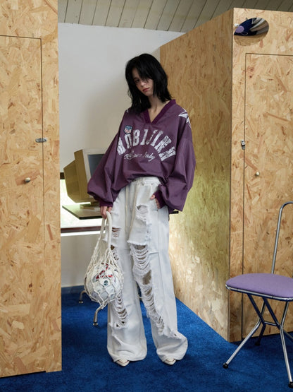 American Monogram Print V-Neck Check Loose Casual Sports Long Sleeve Jersey【s0000014257】
