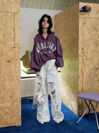 American Monogram Print V-Neck Check Loose Casual Sports Long Sleeve Jersey【s0000014257】