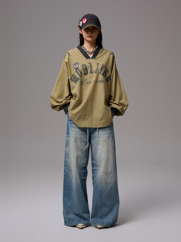 American Monogram Print V-Neck Check Loose Casual Sports Long Sleeve Jersey【s0000014257】