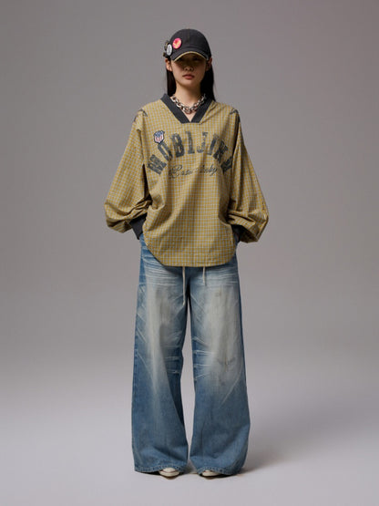 American Monogram Print V-Neck Check Loose Casual Sports Long Sleeve Jersey【s0000014257】