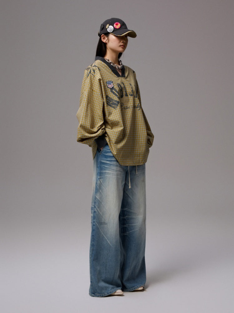 American Monogram Print V-Neck Check Loose Casual Sports Long Sleeve Jersey【s0000014257】