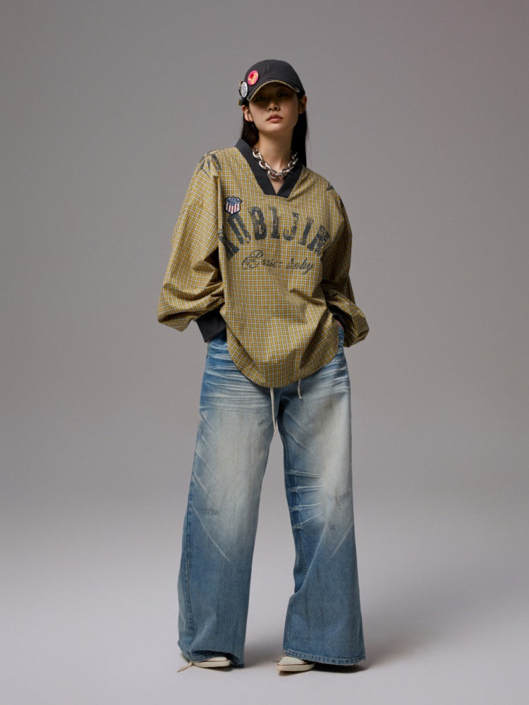 American Monogram Print V-Neck Check Loose Casual Sports Long Sleeve Jersey【s0000014257】