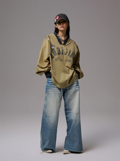 American Monogram Print V-Neck Check Loose Casual Sports Long Sleeve Jersey【s0000014257】