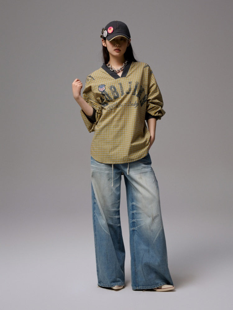 American Monogram Print V-Neck Check Loose Casual Sports Long Sleeve Jersey【s0000014257】