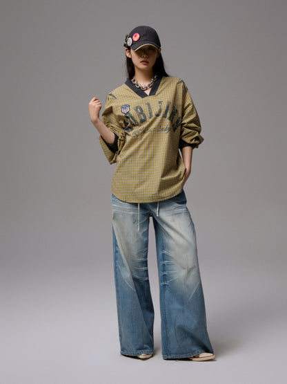 American Monogram Print V-Neck Check Loose Casual Sports Long Sleeve Jersey【s0000014257】