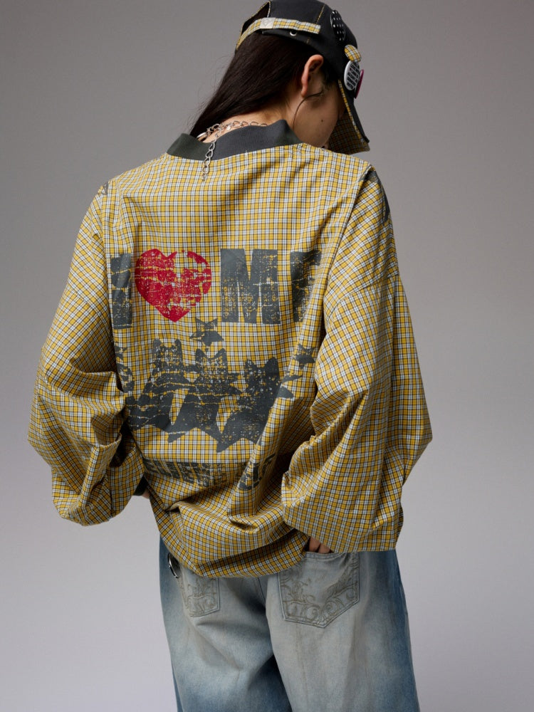 American Monogram Print V-Neck Check Loose Casual Sports Long Sleeve Jersey【s0000014257】