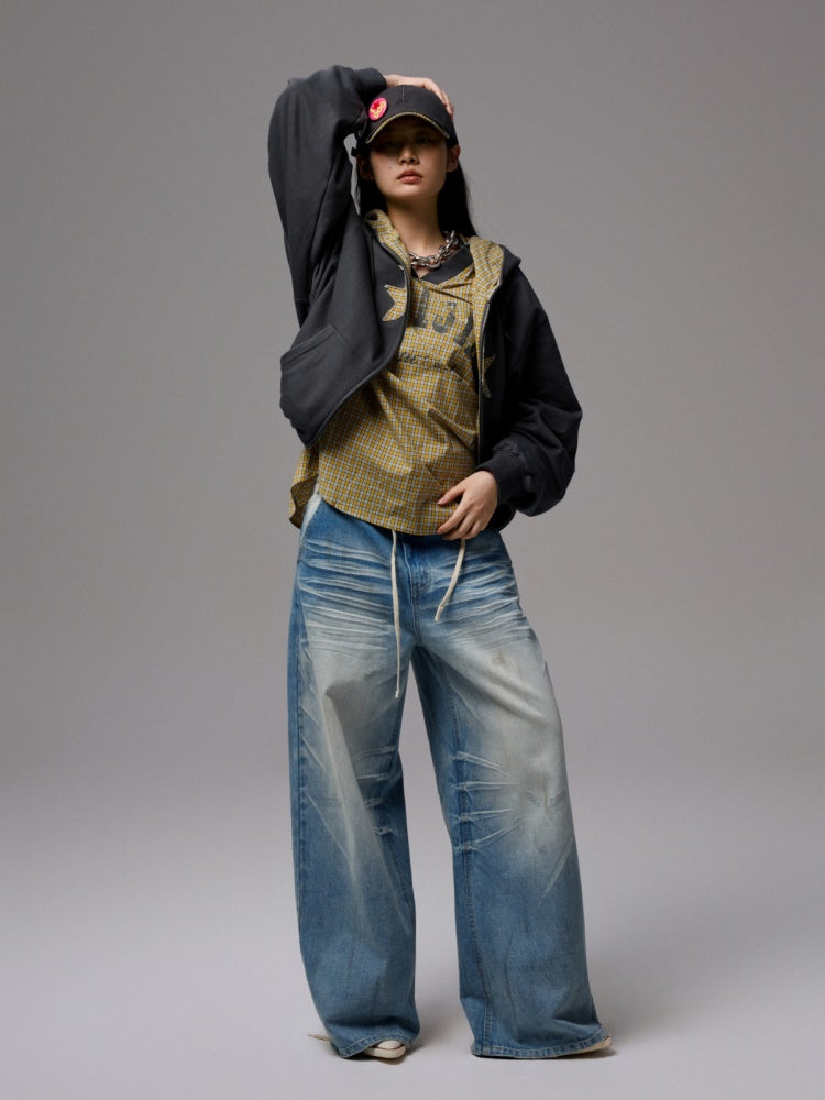 American Monogram Print V-Neck Check Loose Casual Sports Long Sleeve Jersey【s0000014257】