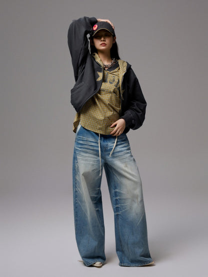 American Monogram Print V-Neck Check Loose Casual Sports Long Sleeve Jersey【s0000014257】