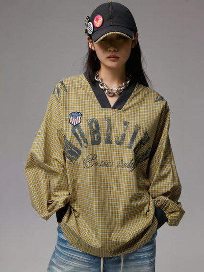 American Monogram Print V-Neck Check Loose Casual Sports Long Sleeve Jersey【s0000014257】