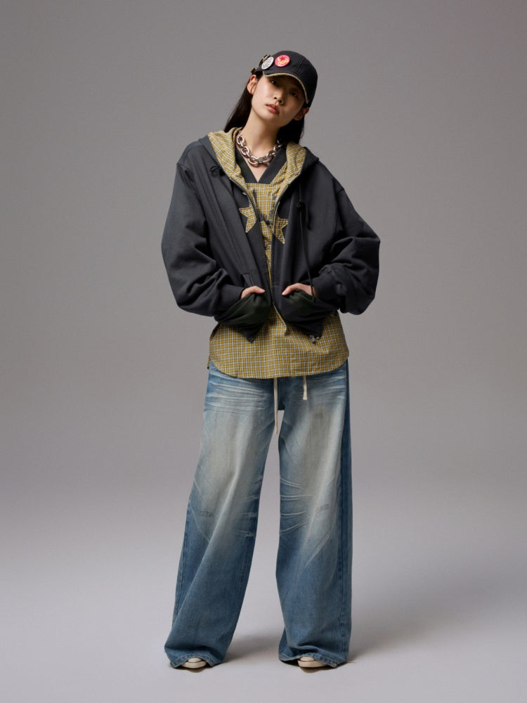 American Monogram Print V-Neck Check Loose Casual Sports Long Sleeve Jersey【s0000014257】