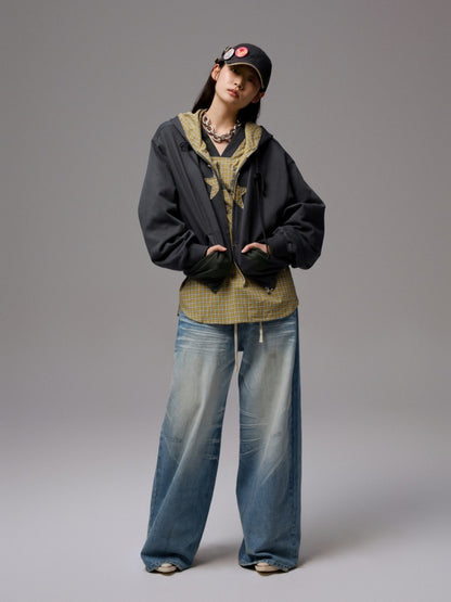 American Monogram Print V-Neck Check Loose Casual Sports Long Sleeve Jersey【s0000014257】
