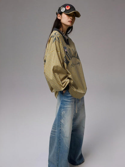 American Monogram Print V-Neck Check Loose Casual Sports Long Sleeve Jersey【s0000014257】