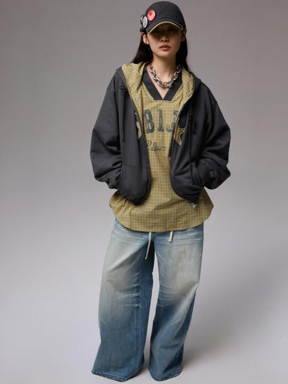 American Monogram Print V-Neck Check Loose Casual Sports Long Sleeve Jersey【s0000014257】