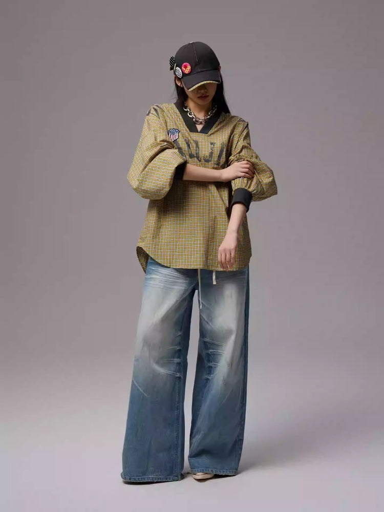American Monogram Print V-Neck Check Loose Casual Sports Long Sleeve Jersey【s0000014257】