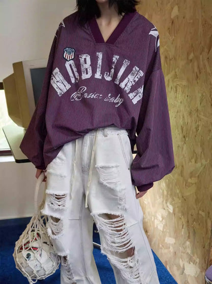 American Monogram Print V-Neck Check Loose Casual Sports Long Sleeve Jersey【s0000014257】