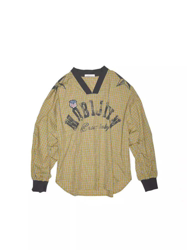 American Monogram Print V-Neck Check Loose Casual Sports Long Sleeve Jersey【s0000014257】