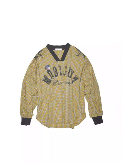 American Monogram Print V-Neck Check Loose Casual Sports Long Sleeve Jersey【s0000014257】