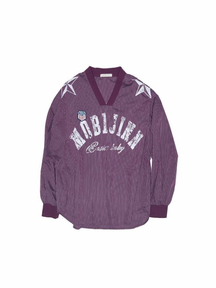 American Monogram Print V-Neck Check Loose Casual Sports Long Sleeve Jersey【s0000014257】