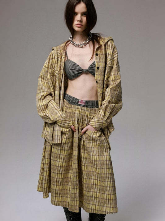 Vintage Contrast Check Button Corset Asymmetrical Double Cross No Wire Lingerie【s0000014258】