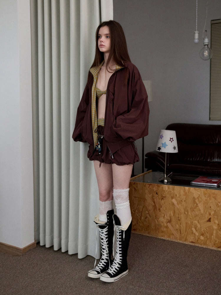 Vintage Contrast Check Button Corset Asymmetrical Double Cross No Wire Lingerie【s0000014258】