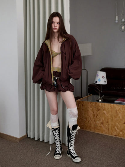 Vintage Contrast Check Button Corset Asymmetrical Double Cross No Wire Lingerie【s0000014258】