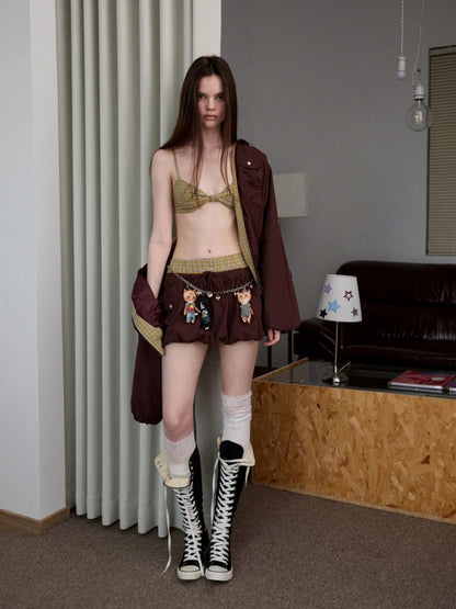 Vintage Contrast Check Button Corset Asymmetrical Double Cross No Wire Lingerie【s0000014258】