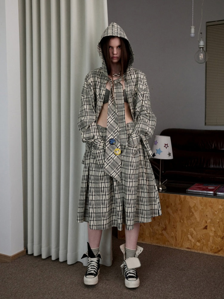 Vintage Contrast Check Button Corset Asymmetrical Double Cross No Wire Lingerie【s0000014258】