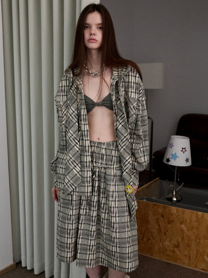 Vintage Contrast Check Button Corset Asymmetrical Double Cross No Wire Lingerie【s0000014258】