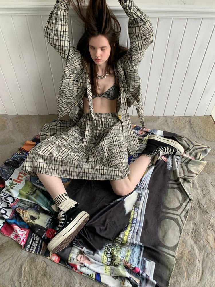 Vintage Contrast Check Button Corset Asymmetrical Double Cross No Wire Lingerie【s0000014258】