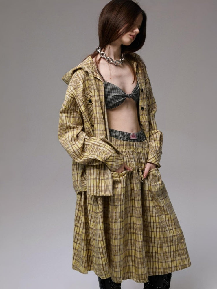 Vintage Contrast Check Button Corset Asymmetrical Double Cross No Wire Lingerie【s0000014258】