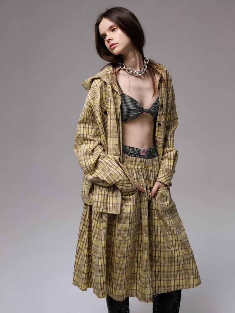 Vintage Contrast Check Button Corset Asymmetrical Double Cross No Wire Lingerie【s0000014258】