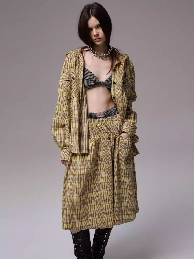 Vintage Contrast Check Button Corset Asymmetrical Double Cross No Wire Lingerie【s0000014258】
