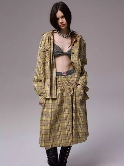Vintage Contrast Check Button Corset Asymmetrical Double Cross No Wire Lingerie【s0000014258】