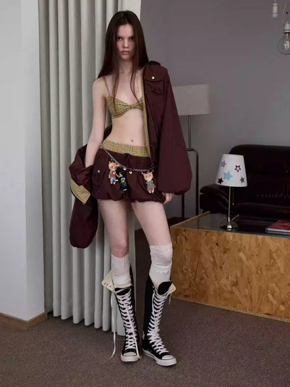 Vintage Contrast Check Button Corset Asymmetrical Double Cross No Wire Lingerie【s0000014258】