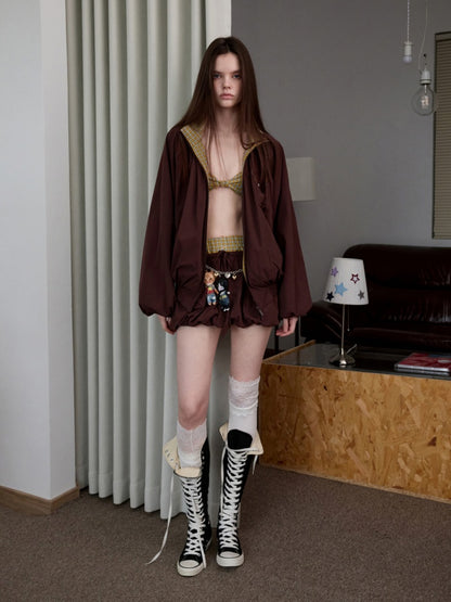 Vintage Contrast Check Button Corset Asymmetrical Double Cross No Wire Lingerie【s0000014258】