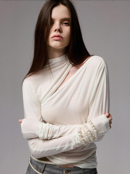 Pleated Slanted Shoulder Cutout Asymmetrical Design Long Sleeve T-Shirt【s0000014260】