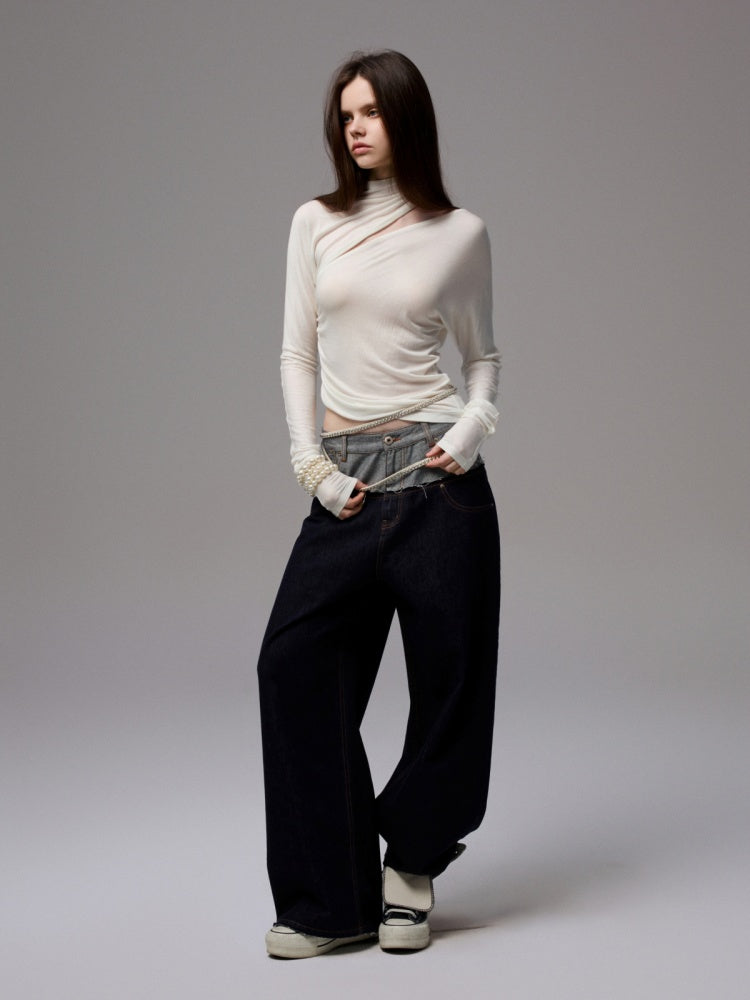 Pleated Slanted Shoulder Cutout Asymmetrical Design Long Sleeve T-Shirt【s0000014260】