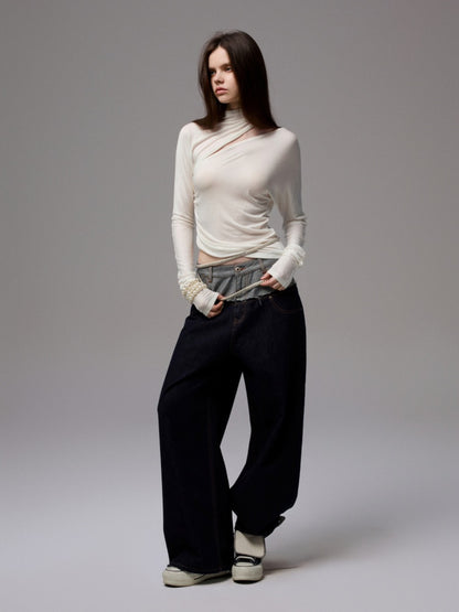 Pleated Slanted Shoulder Cutout Asymmetrical Design Long Sleeve T-Shirt【s0000014260】
