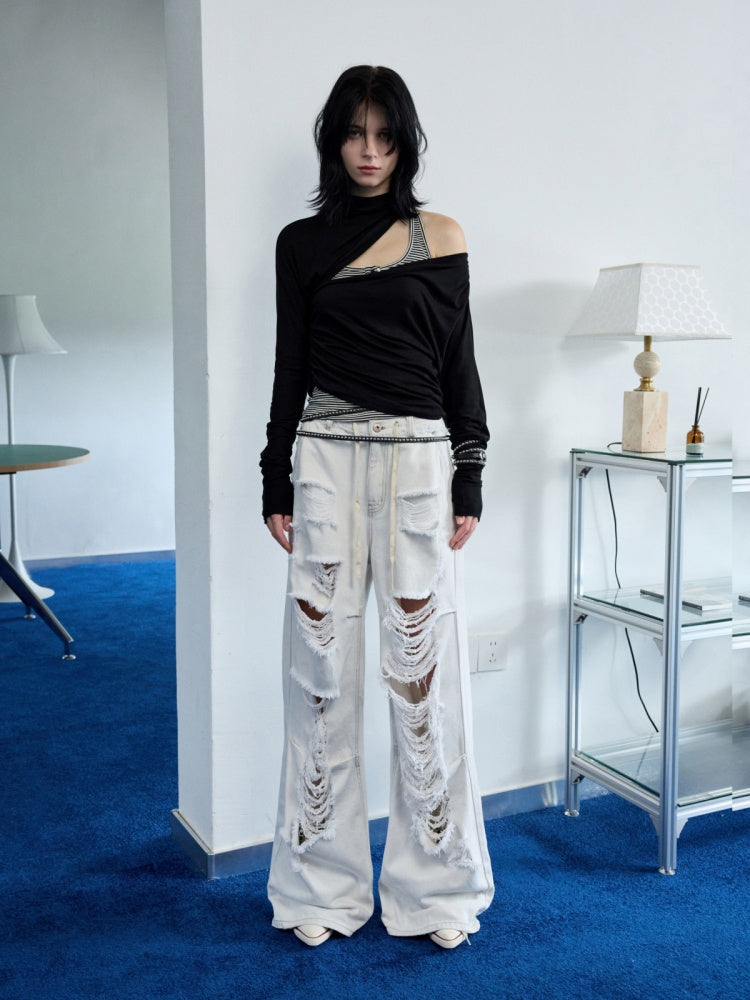 Pleated Slanted Shoulder Cutout Asymmetrical Design Long Sleeve T-Shirt【s0000014260】