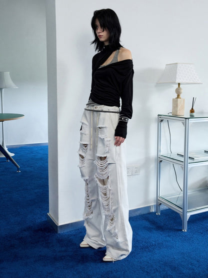 Pleated Slanted Shoulder Cutout Asymmetrical Design Long Sleeve T-Shirt【s0000014260】