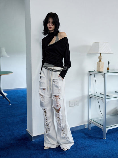 Pleated Slanted Shoulder Cutout Asymmetrical Design Long Sleeve T-Shirt【s0000014260】