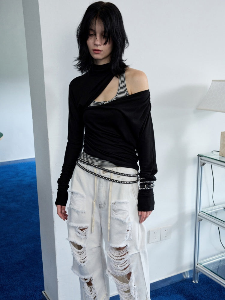 Pleated Slanted Shoulder Cutout Asymmetrical Design Long Sleeve T-Shirt【s0000014260】