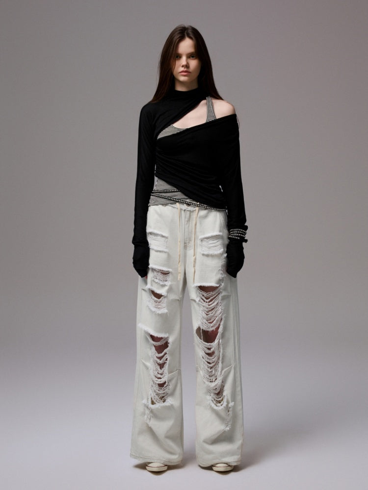 Pleated Slanted Shoulder Cutout Asymmetrical Design Long Sleeve T-Shirt【s0000014260】
