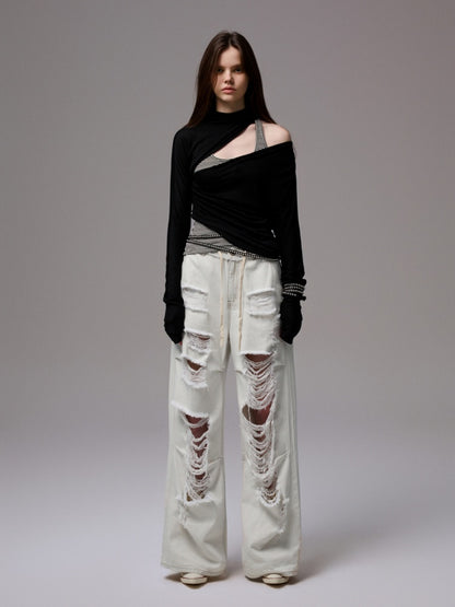 Pleated Slanted Shoulder Cutout Asymmetrical Design Long Sleeve T-Shirt【s0000014260】