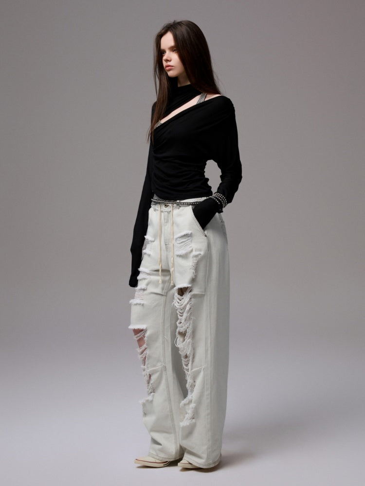 Pleated Slanted Shoulder Cutout Asymmetrical Design Long Sleeve T-Shirt【s0000014260】