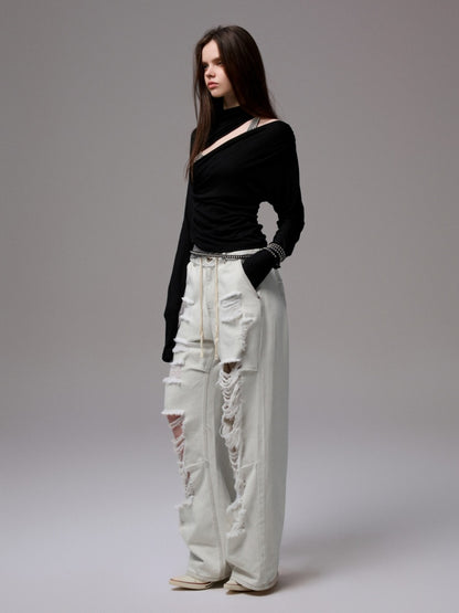 Pleated Slanted Shoulder Cutout Asymmetrical Design Long Sleeve T-Shirt【s0000014260】
